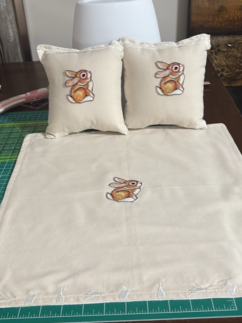 Hand-Embroidered Cream Bunny Accent Pillow Set